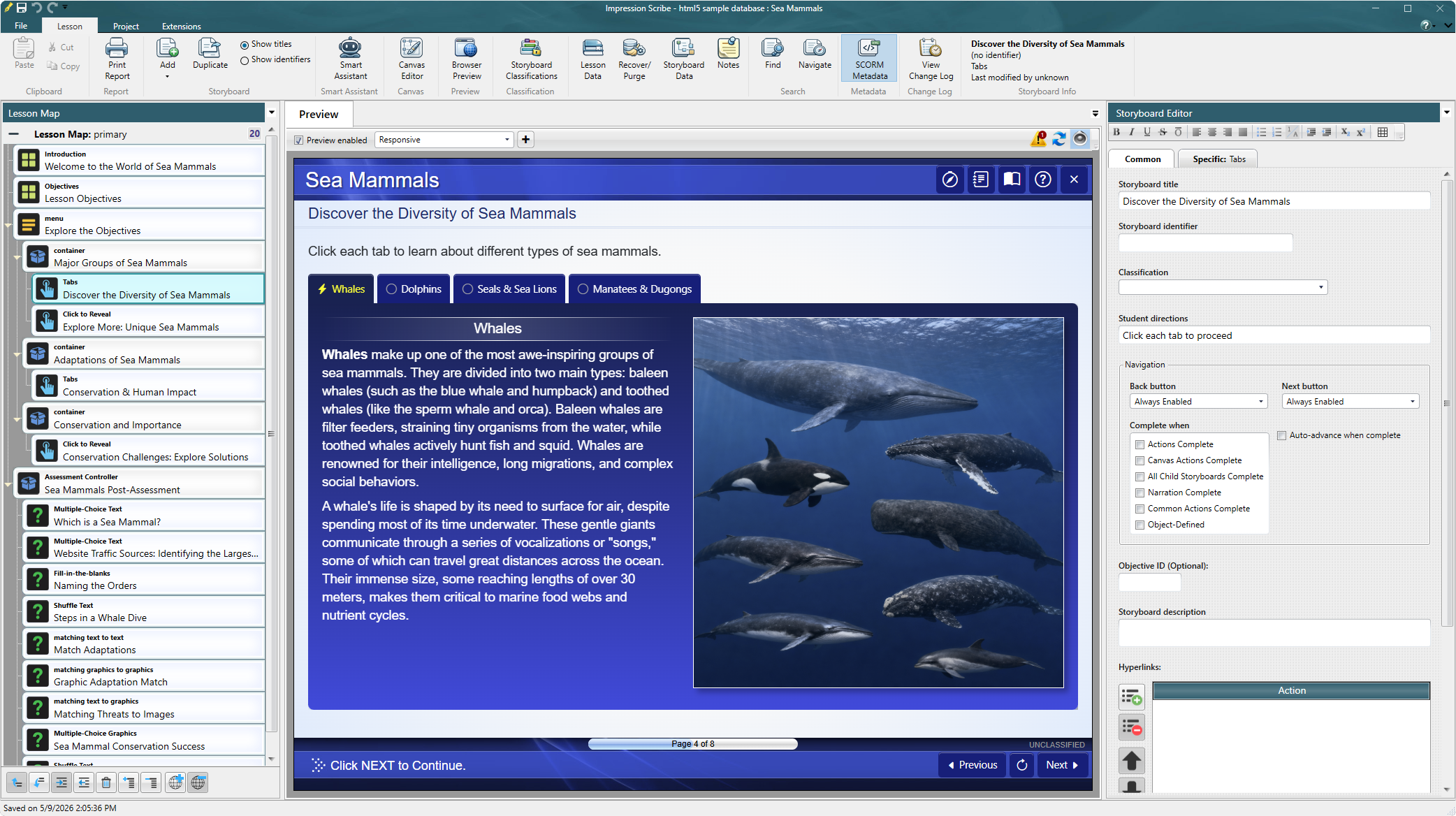 Impression Scribe showing a structured lesson map, live course preview, and storyboard editor